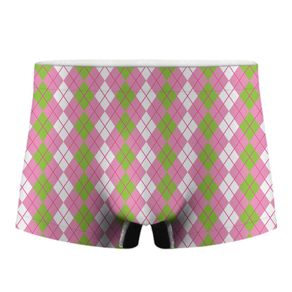 White Pink And Green Argyle Print Men's Boxer Briefs