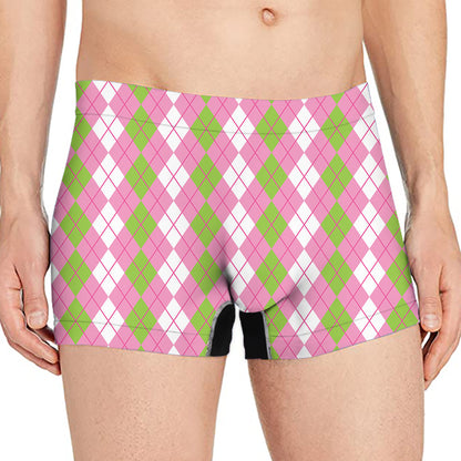 White Pink And Green Argyle Print Men's Boxer Briefs
