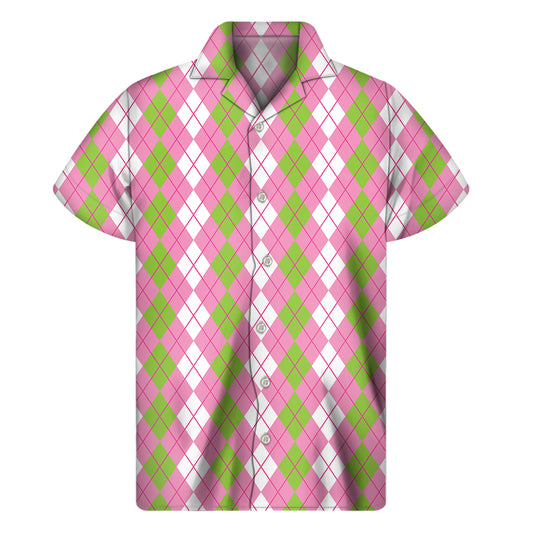White Pink And Green Argyle Print Men's Short Sleeve Shirt