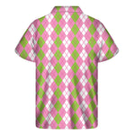 White Pink And Green Argyle Print Men's Short Sleeve Shirt