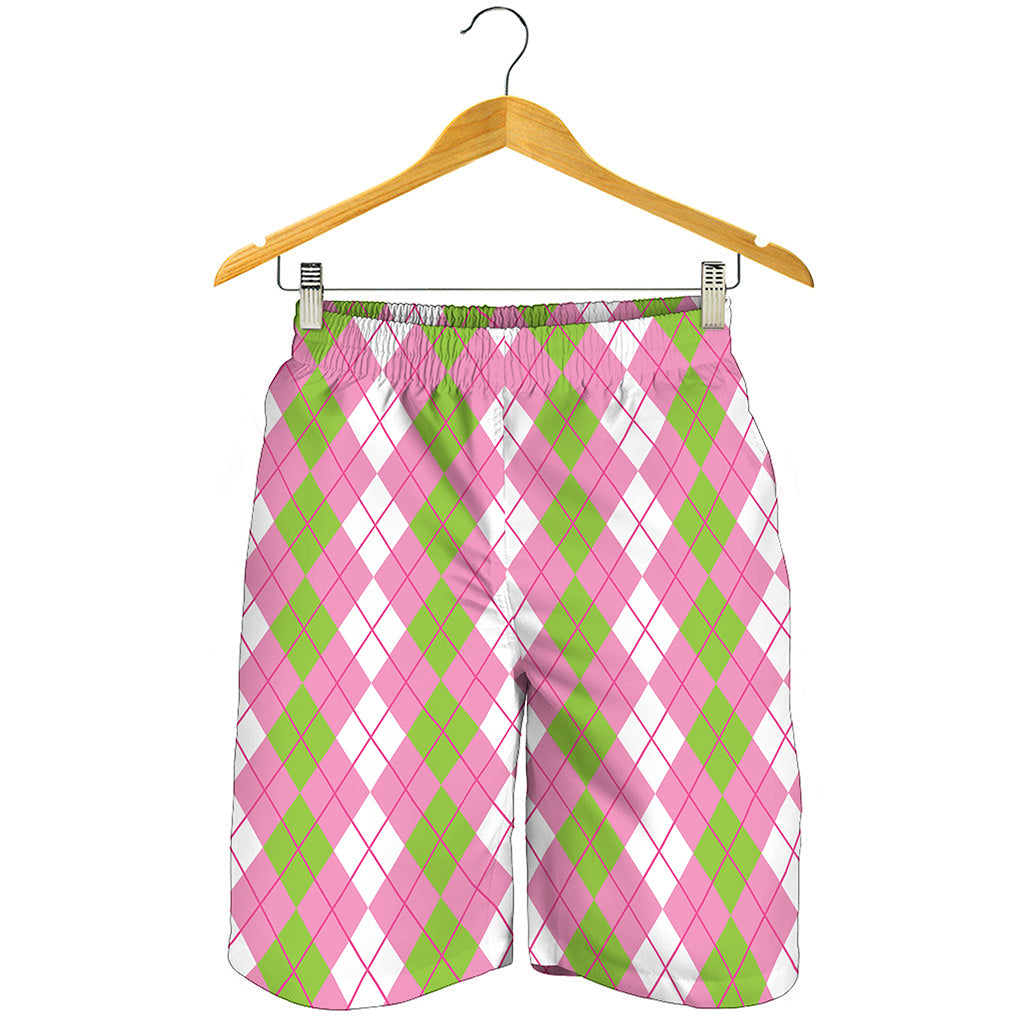 White Pink And Green Argyle Print Men's Shorts