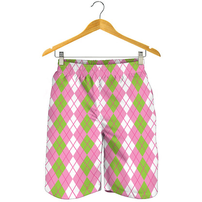 White Pink And Green Argyle Print Men's Shorts
