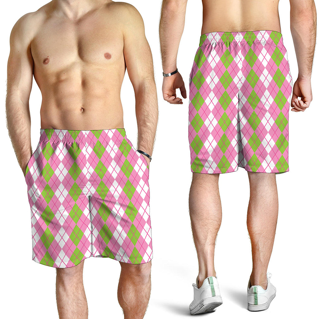 White Pink And Green Argyle Print Men's Shorts
