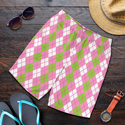 White Pink And Green Argyle Print Men's Shorts