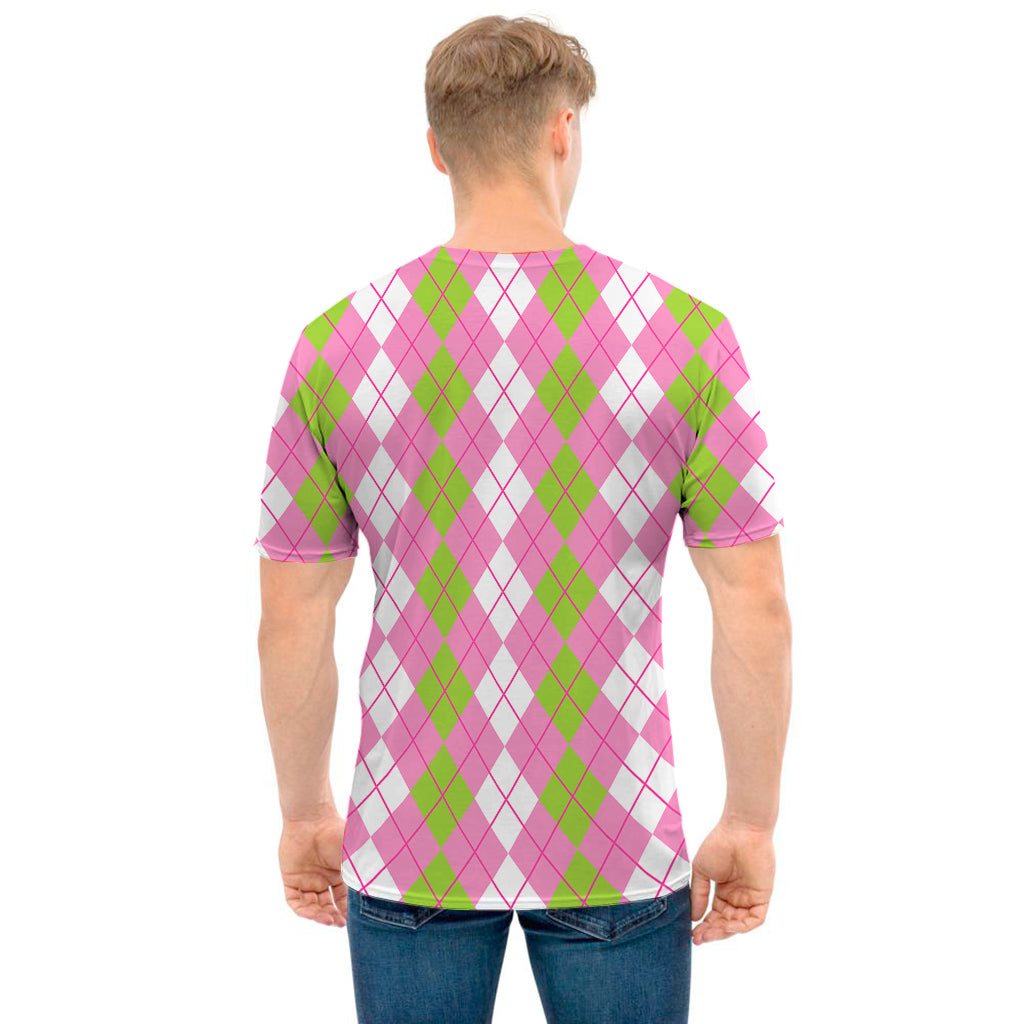 White Pink And Green Argyle Print Men's T-Shirt