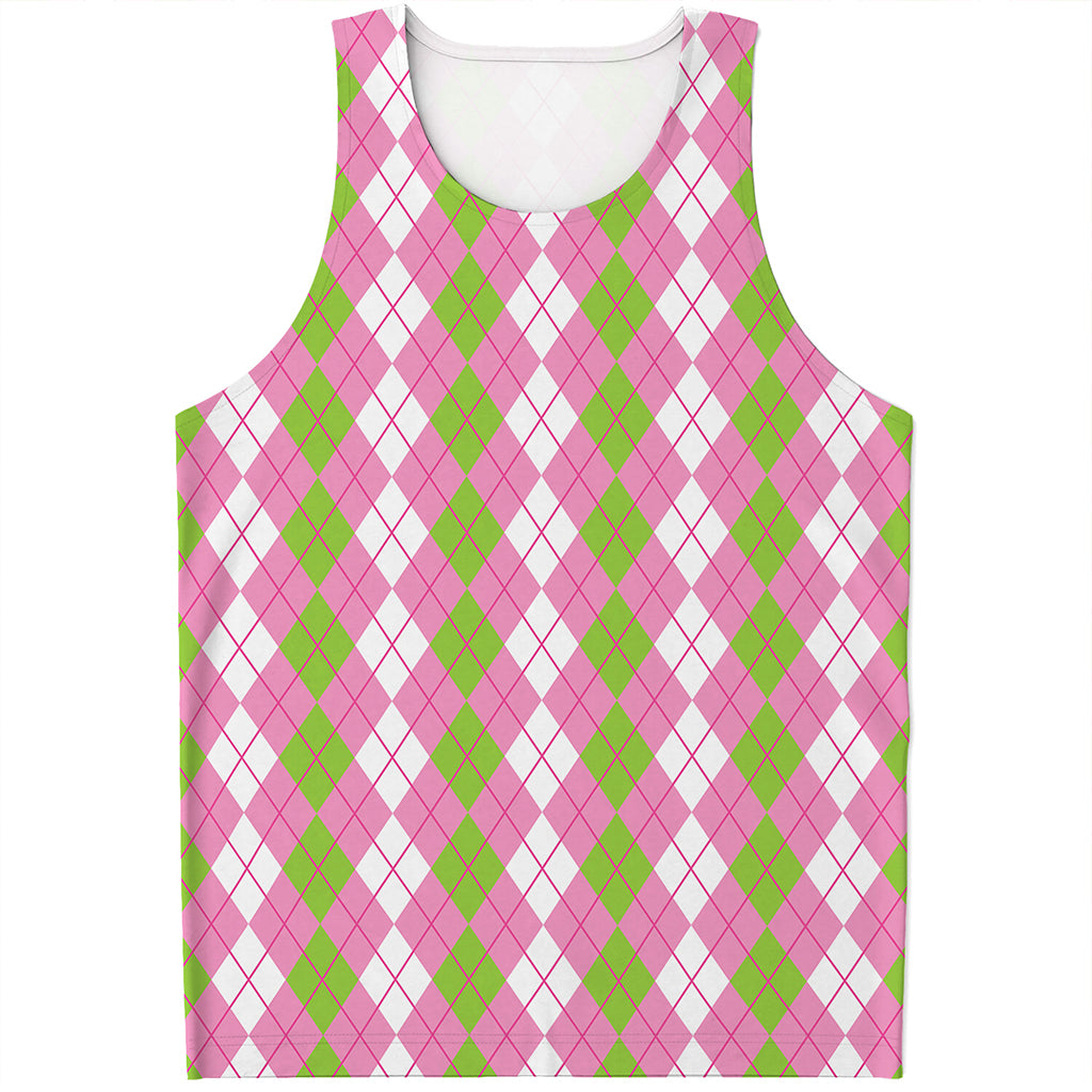 White Pink And Green Argyle Print Men's Tank Top