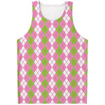 White Pink And Green Argyle Print Men's Tank Top