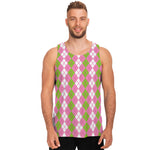 White Pink And Green Argyle Print Men's Tank Top