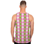 White Pink And Green Argyle Print Men's Tank Top