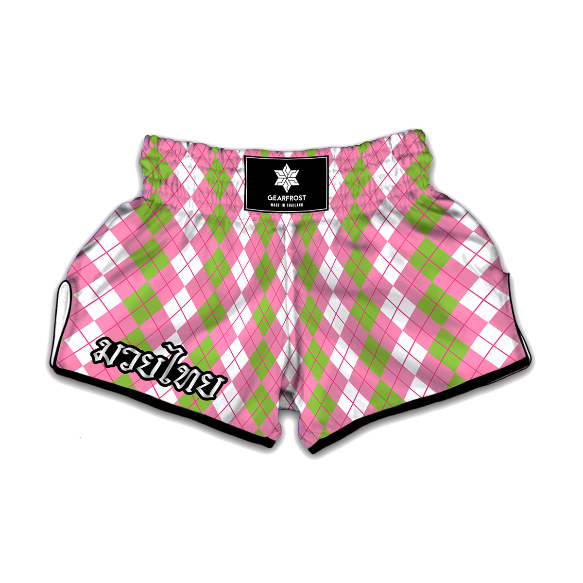 White Pink And Green Argyle Print Muay Thai Boxing Shorts