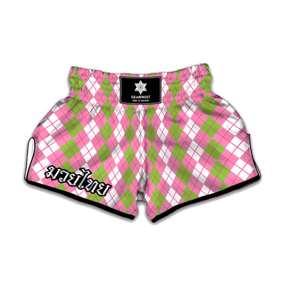 White Pink And Green Argyle Print Muay Thai Boxing Shorts