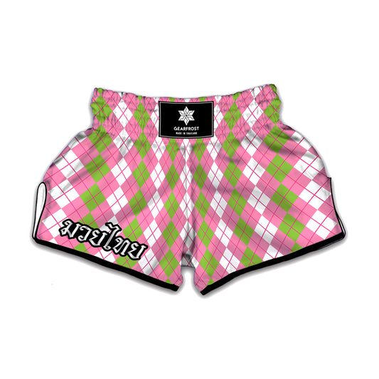 White Pink And Green Argyle Print Muay Thai Boxing Shorts