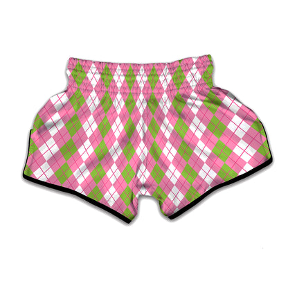 White Pink And Green Argyle Print Muay Thai Boxing Shorts