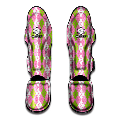 White Pink And Green Argyle Print Muay Thai Shin Guard