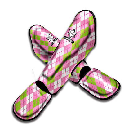 White Pink And Green Argyle Print Muay Thai Shin Guard