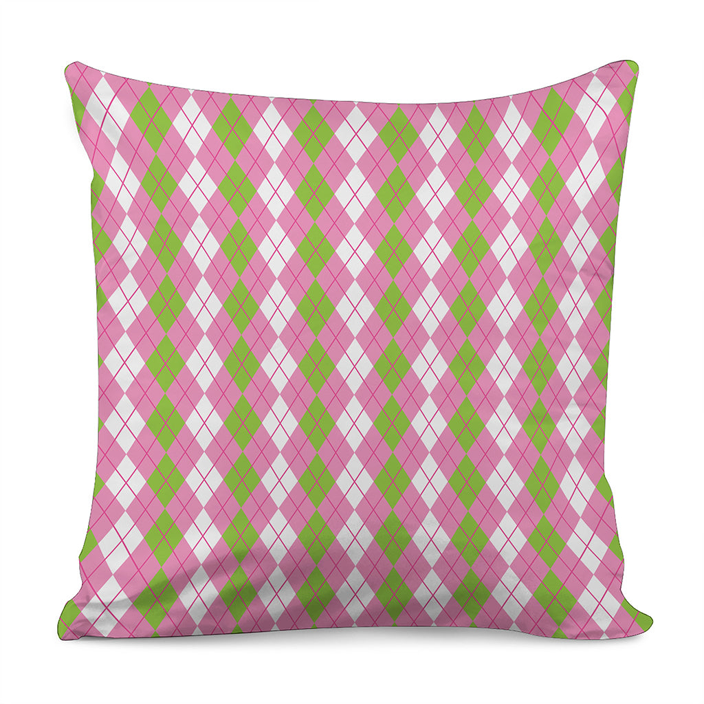 White Pink And Green Argyle Print Pillow Cover