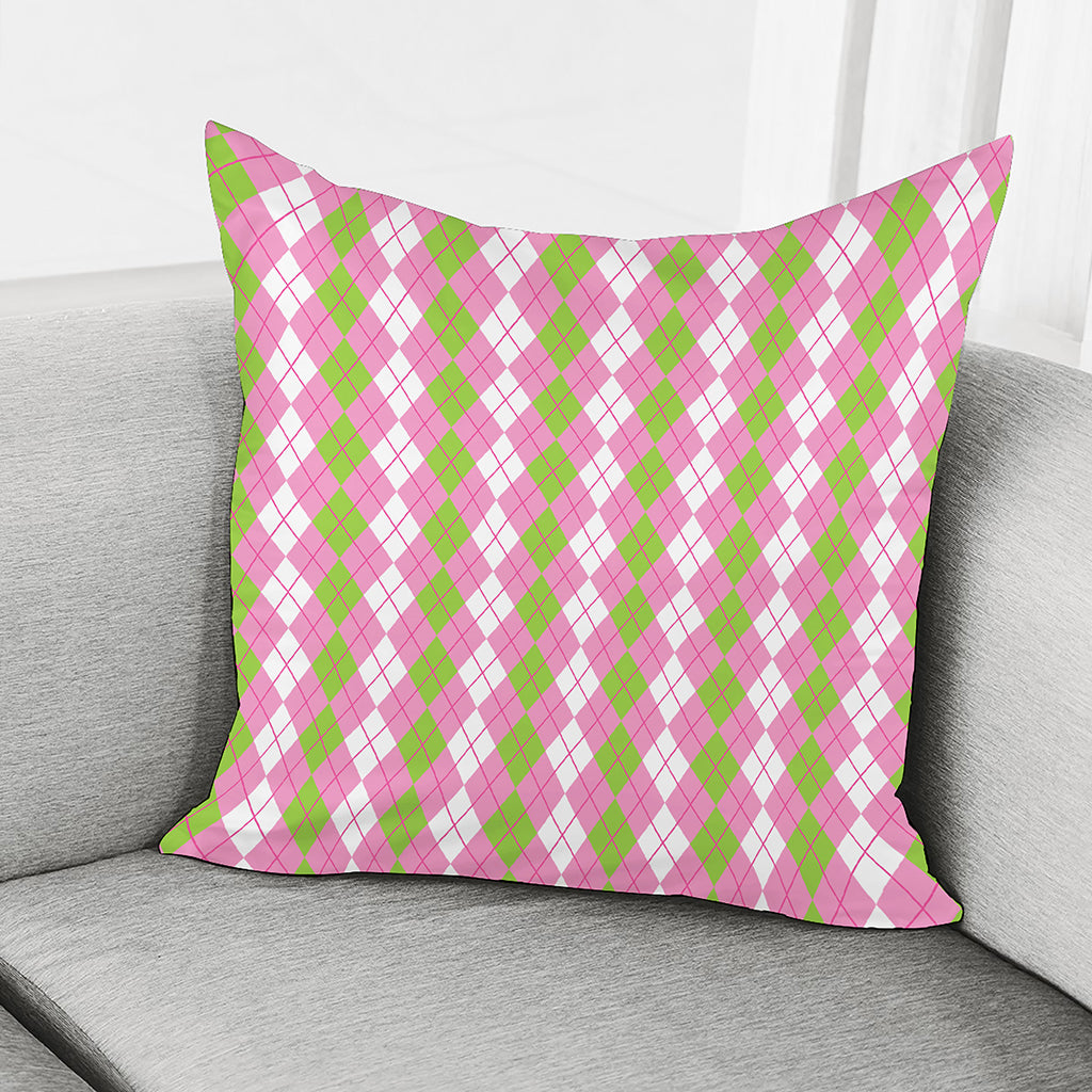 White Pink And Green Argyle Print Pillow Cover