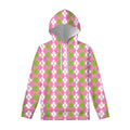 White Pink And Green Argyle Print Pullover Hoodie
