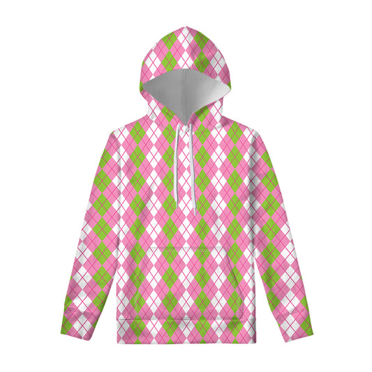 White Pink And Green Argyle Print Pullover Hoodie