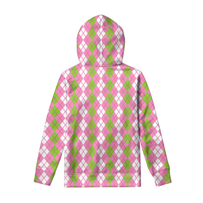 White Pink And Green Argyle Print Pullover Hoodie