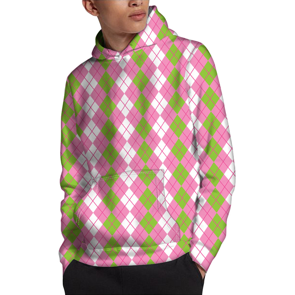 White Pink And Green Argyle Print Pullover Hoodie