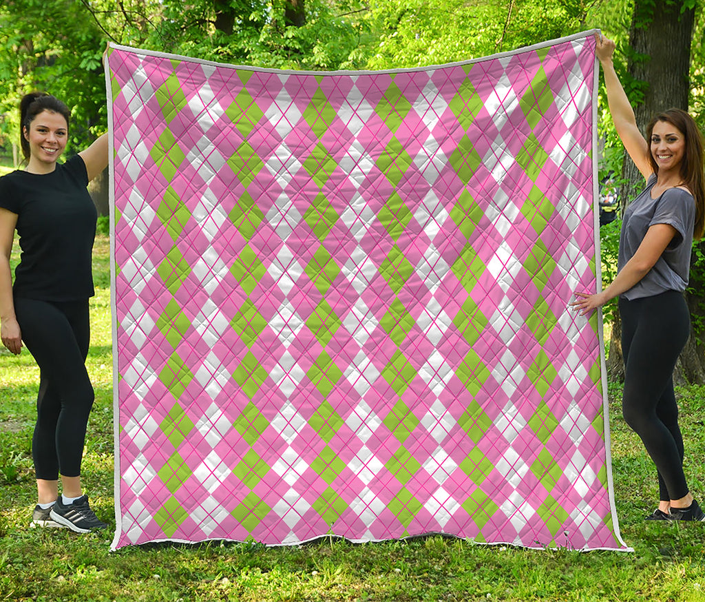 White Pink And Green Argyle Print Quilt