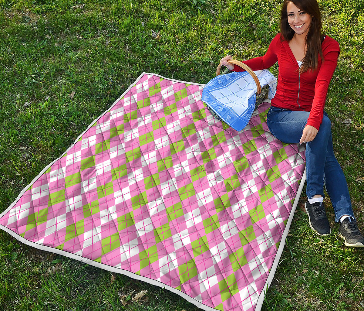 White Pink And Green Argyle Print Quilt