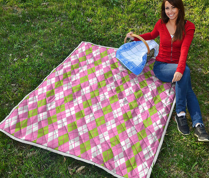 White Pink And Green Argyle Print Quilt