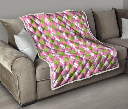 White Pink And Green Argyle Print Quilt