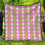 White Pink And Green Argyle Print Quilt