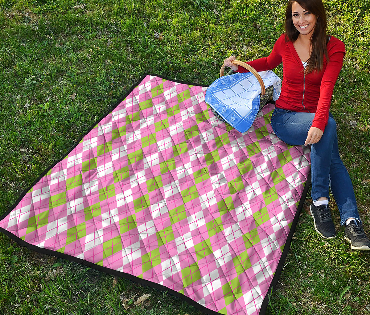 White Pink And Green Argyle Print Quilt