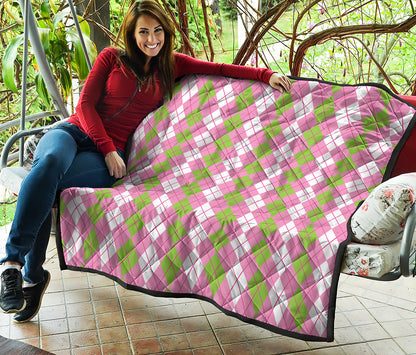 White Pink And Green Argyle Print Quilt