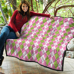 White Pink And Green Argyle Print Quilt