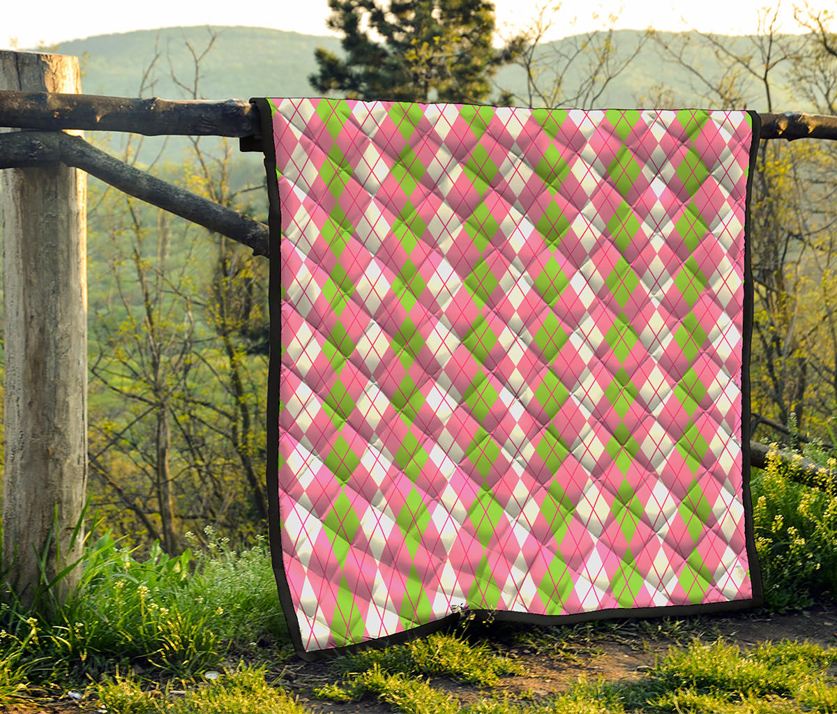 White Pink And Green Argyle Print Quilt