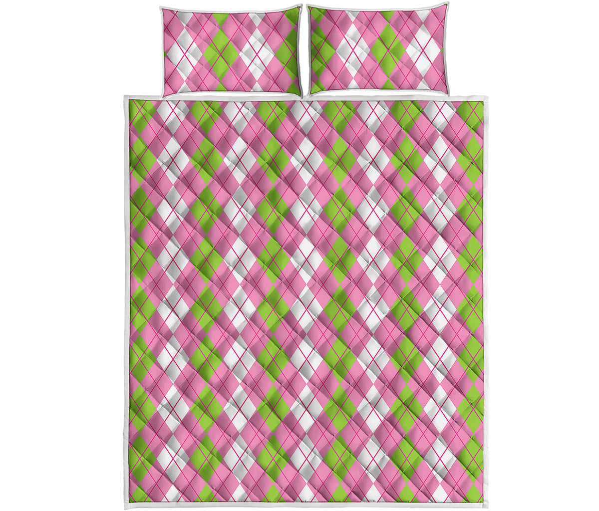 White Pink And Green Argyle Print Quilt Bed Set