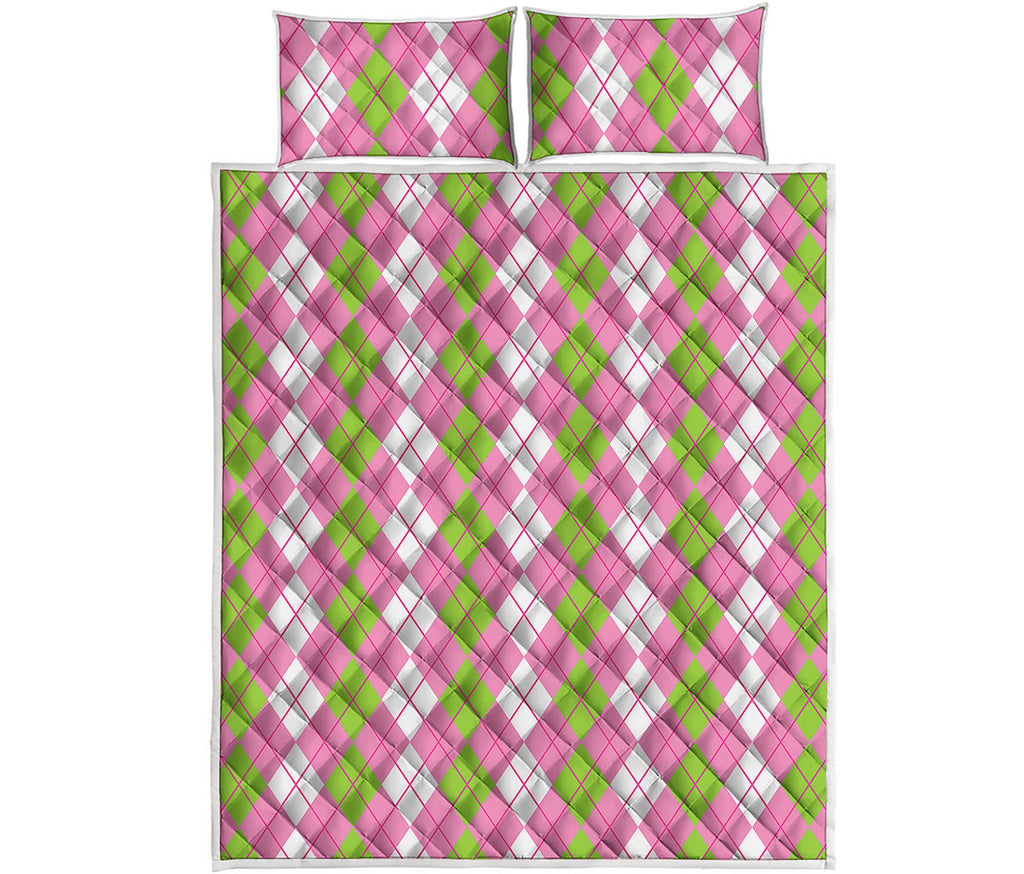 White Pink And Green Argyle Print Quilt Bed Set