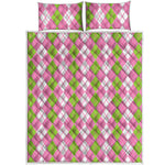 White Pink And Green Argyle Print Quilt Bed Set