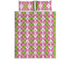 White Pink And Green Argyle Print Quilt Bed Set