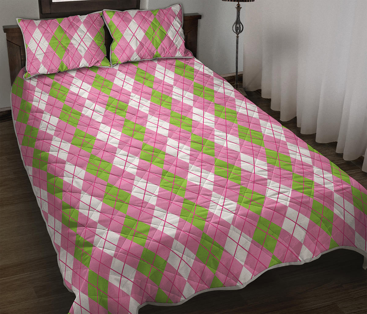 White Pink And Green Argyle Print Quilt Bed Set