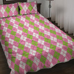 White Pink And Green Argyle Print Quilt Bed Set
