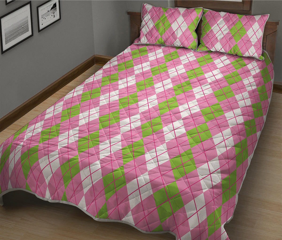 White Pink And Green Argyle Print Quilt Bed Set