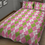 White Pink And Green Argyle Print Quilt Bed Set