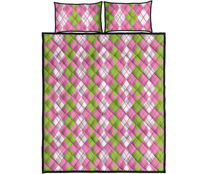 White Pink And Green Argyle Print Quilt Bed Set