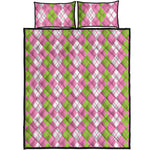 White Pink And Green Argyle Print Quilt Bed Set