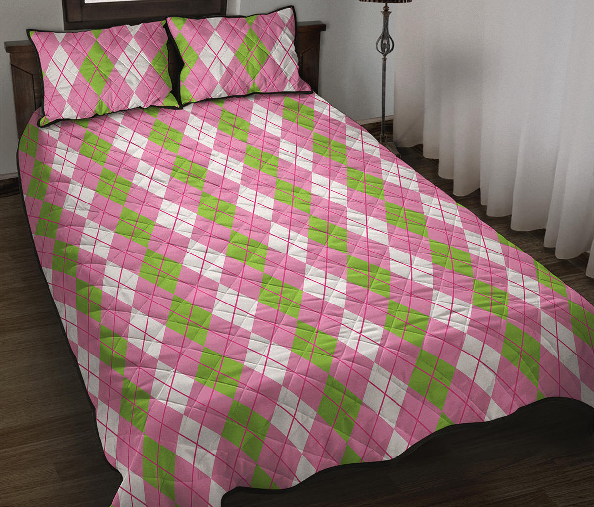 White Pink And Green Argyle Print Quilt Bed Set
