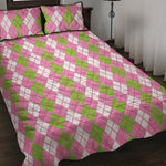 White Pink And Green Argyle Print Quilt Bed Set
