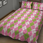 White Pink And Green Argyle Print Quilt Bed Set