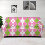 White Pink And Green Argyle Print Sofa Cover