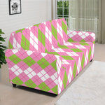 White Pink And Green Argyle Print Sofa Cover
