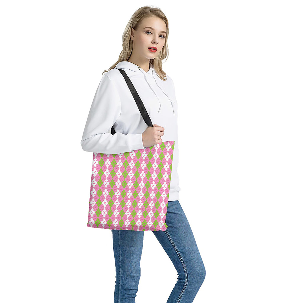 White Pink And Green Argyle Print Tote Bag